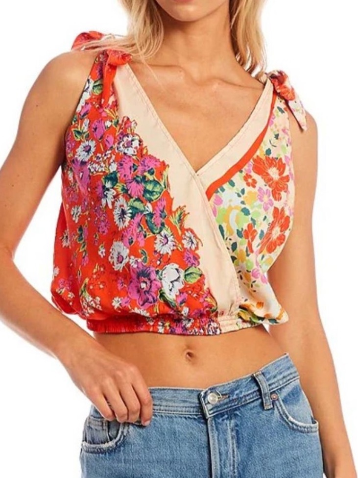 Free People Tied To You Orange Floral V Neck Tie Shoulders Blouse Satin Womens M